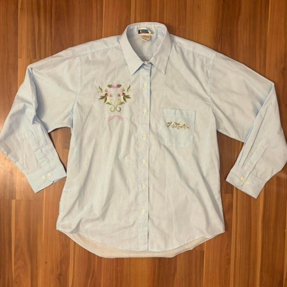 unique hummingbird embroidered blue and white striped‎ button down shirt size L